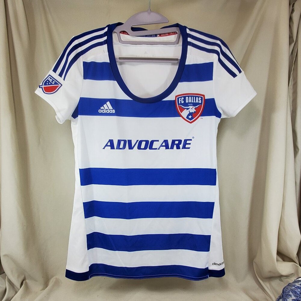 FC DALLAS Blue and White Adidas Advocare Jersey VNeck Top SMALL S